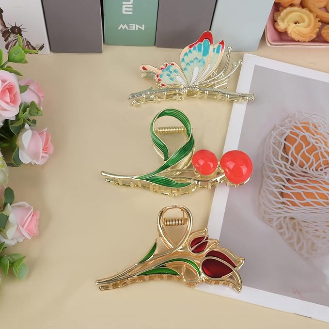 3-Piece Flower Metal Hair Clips, Tulip Floral Hair Claw for Thin/Medium Thick Hair, Elegant Butterfly Barrettes Strong Hold Clamps Non-Slip Cute Cherry Claws Accessories