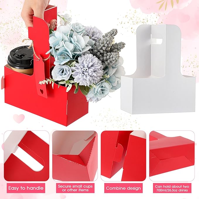 MotiMind 50 Pack Mother's Day 2 Cup Drink Carrier with Handle, Kraft Paperboard Teacher Cup Holder Portable for Hot Cold Drinks, Coffee Carrier Gift with Heart Card Rope (White,Pink)