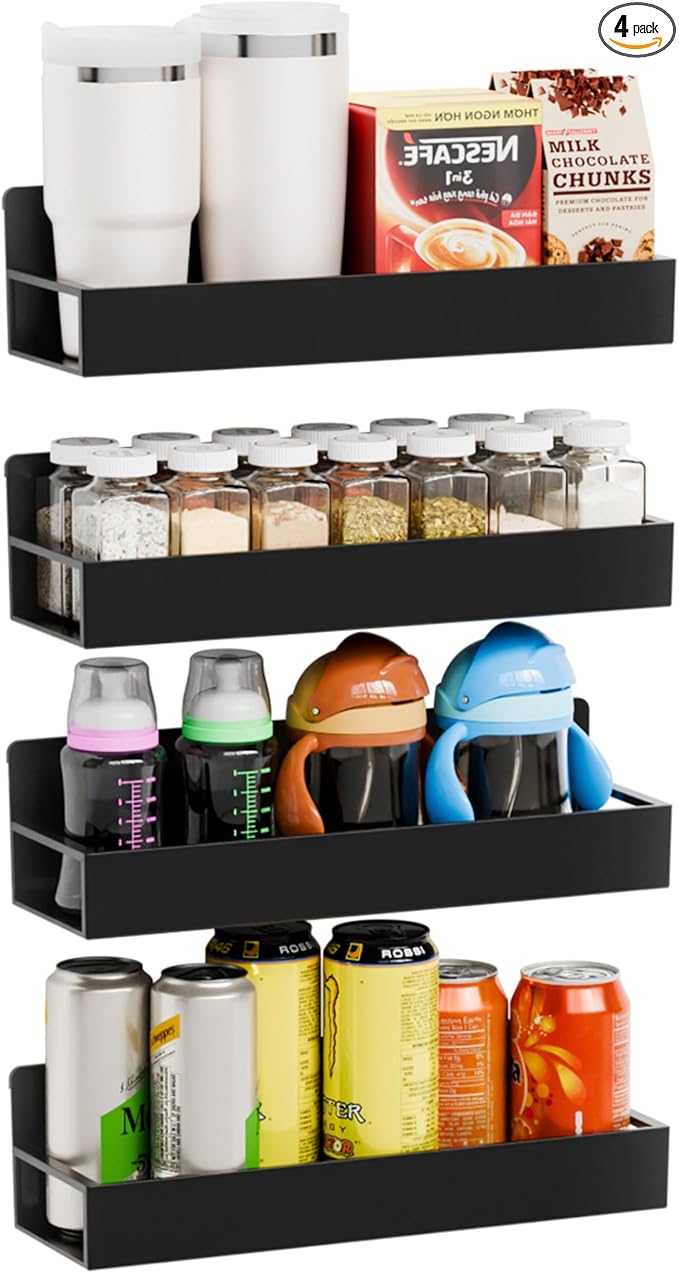 Yieach 4 Pack Black Spice Rack Wall Mount with Adhesive,11.5″L x 3.6″W,Stick on Seasoning Jar Spice Organization for Cabinet Door or Pantry Door,Adhesive Wall Spice Rack for RV,Kitchen,Inside Cabinets