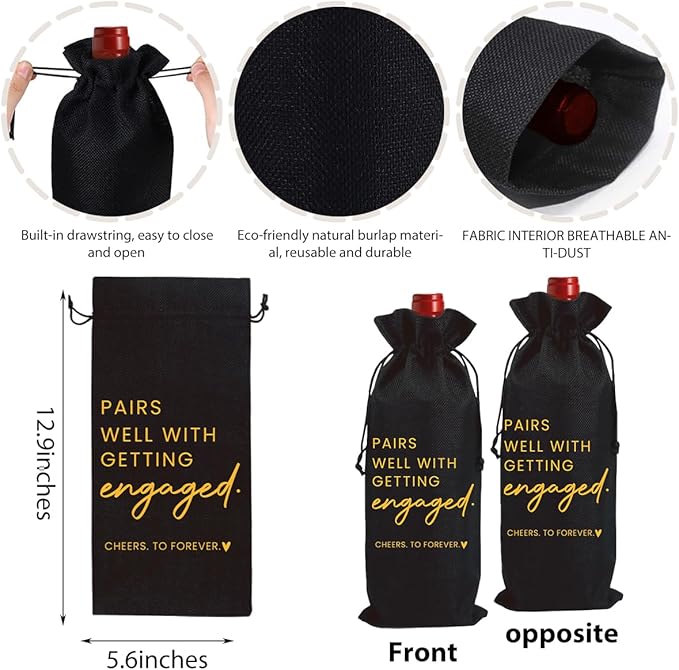 Engaged Engagement Gifts for Couples Her Engagement Party Decorations Bridal Shower Decorations Wine Bag Cheers To Forever Wine Accessory Sets - Black