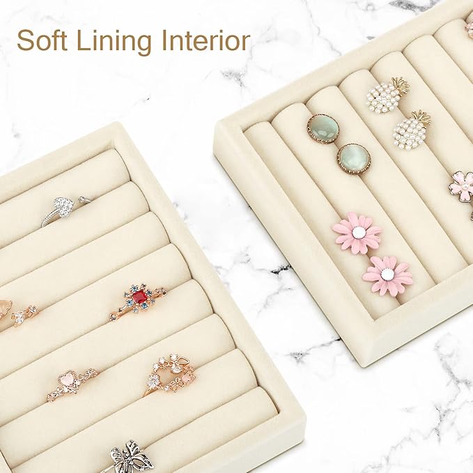 DesignSter Small Jewelry Tray-Ring Organizer 2PCS Premium Velvet Rings Earrings Display Tray Storage Insert Holder for Jewelry Box, Drawer, Dresser (8 Slots, Beige)