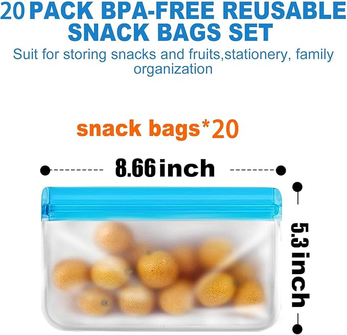 20Pack Reusable Snack Bags Dishwasher Safe&BPA Free Food Storage Bags， Extra Thick Leak-proof Reusable Freezer Bags for Candy, Snack,Cereal, Travel Items, Home Organization(BLUE)