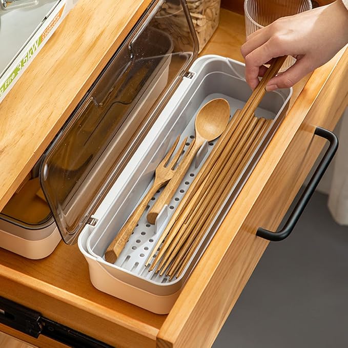 Plastic Kitchen Drawer Organizer with Lid and Drainer Stackable Utensil Holder for Countertop Silverware Tray White Flatware Organizers - 12.6x4.7x2.4 Inch Storage Box Spatula Cutlery Tray