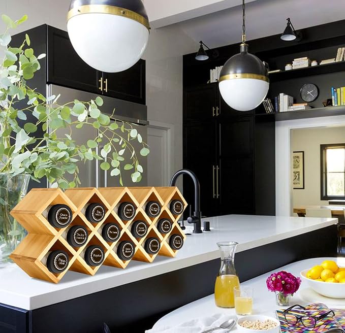 Bamboo Criss Cross Spice Rack Organizer for Cabinet, Wood Seasoning Rack Spice Holder, 18-Jar Spice Rack Tower Spice Storage for Kitchen Countertop Drawer - Jars Not Included