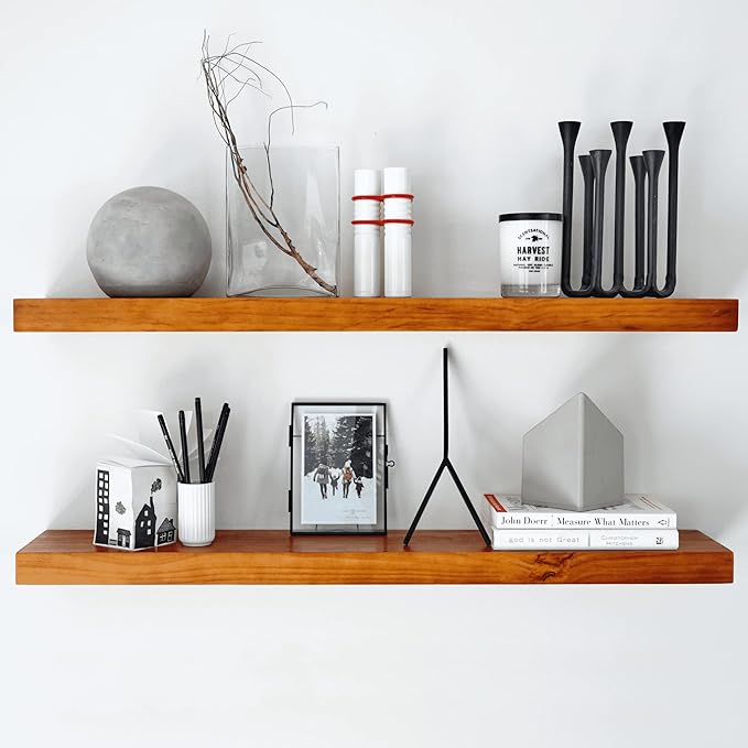 Homeforia Oak Floating Shelves 36 inches Long, High-End Solid Real Wood 36-inch Floating Shelf for Room Wall, Honey Oak Wooden 36-inch Kitchen Shelves, Heavy Duty Bracket, 36 X 6.5 X 1.75 in, Set of 3