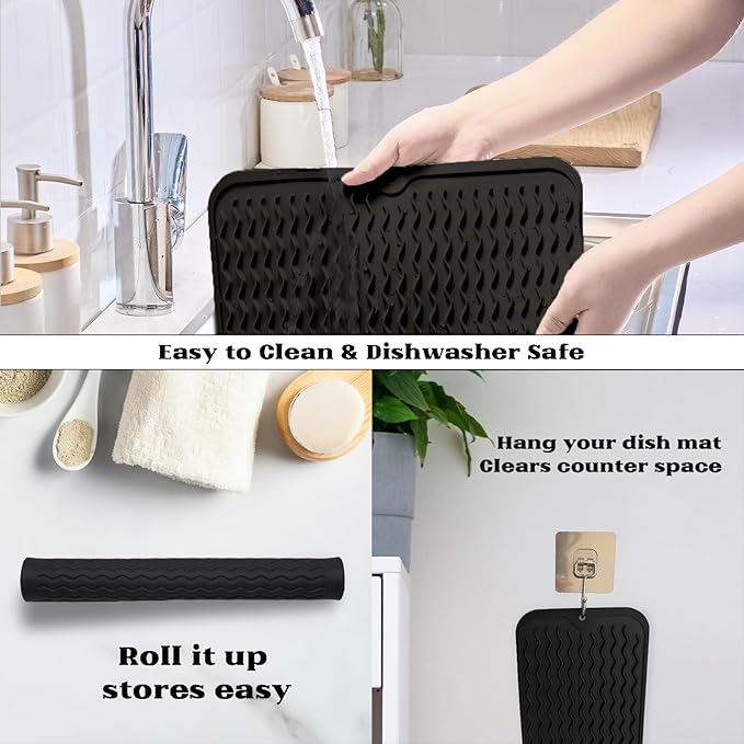 ZLR Silicone Dish Drying Mat for Kitchen Counter, Eco-Friendly Fast Dry Dish Mat, Easy Clean Multi Usage Drying Matt, Heat Resistant Trivet, 12" x 12" Middle, Black