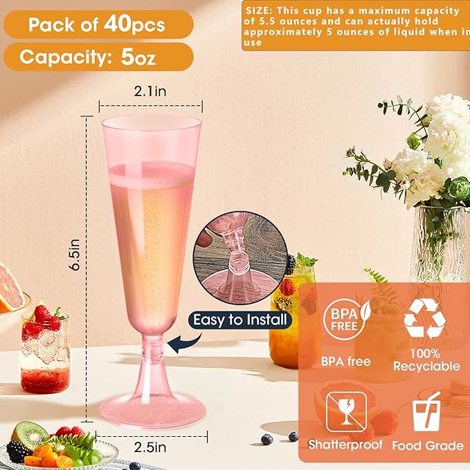 SUREHOME Pink Champagne Flutes Plastic Champagne Glasses Disposable Mimosa Glasses 40 Pack 5 Oz Acrylic Stemware Cocktail Cups Bulk for Valentines Wedding Toasting Engagement Party Supplies
