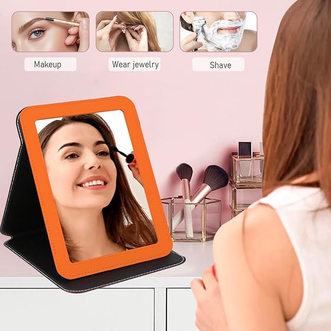 Portable Mirror, Folding Travel Makeup Mirror Adjustable Stand for Desk Compact Personal Hand Mirror for Makeup, Shaving, Home, Camping, Office & On-The-Go (Orange)