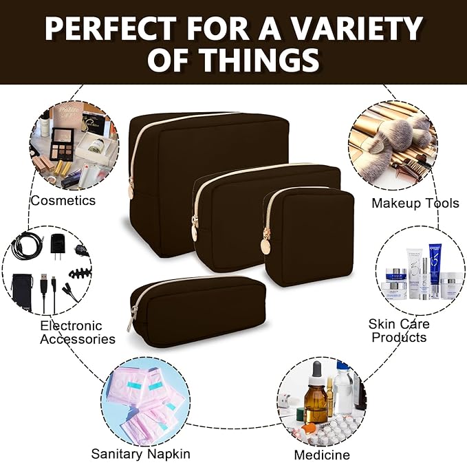 Large Makeup Bag Pouch, Nylon Women Travel Toiletry Storage Bag, Preppy Cosmetic Bag for Girls, Big Makeup Organizer Bag, Cute Zipper Pouch Skincare Bag for Sport Work Gift (Large-Chocolate)