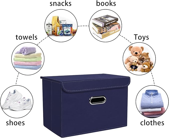 Linen Fabric Foldable Collapsible Storage Cube Bin Organizer Basket Fabric Storage Bins with Lid, Leather Handles, Removable Divider for Home, Closet,Navy Blue 3Pcs
