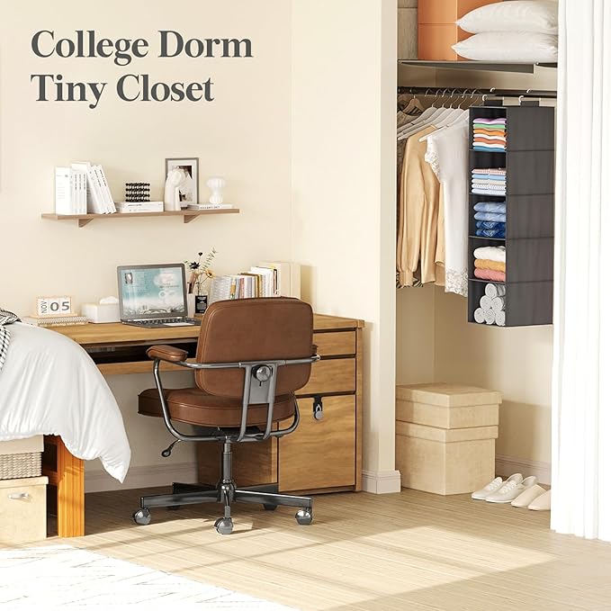 Lifewit 5 Tier Hanging Closet Organizer and Storage for Shelves, Foldable Clothes Storage Shelf with 2 Sturdy Hooks for Clothing Organization, Dorm Room Essentials for Guys, Gray