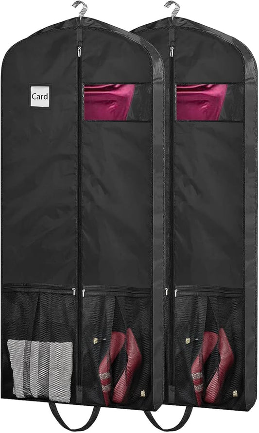 54" Garment Bags for Travel, 2 Pack Dress Bag for Hanging Clothes Storage with Pockets and Clear Window, 4" Dress Storage Bag for Long Coat, Jacket, Sweater, Shirts, Suits