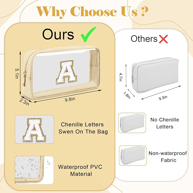 Personalized Initial Letter Clear Makeup Bag, Preppy Small Nylon & PVC Cosmetic Zipper Bag with Chenille Letter, Portable Beach Travel Skincare Toiletry Bag, Trendy Monogram Gift for Teen Girls Women, J