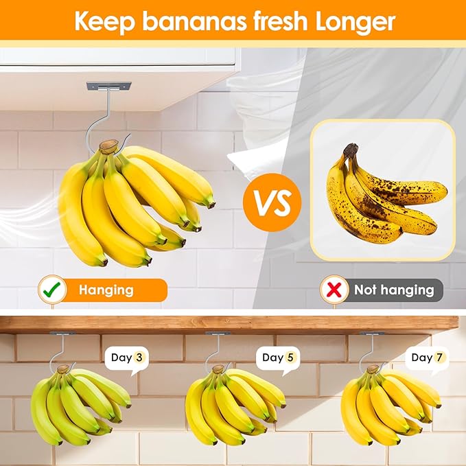 2PCS Self Adhesive Banana Hook Under Cabinet Foldable Banana Hanger Metal Under Counter Banana Hook to Keep Bananas Fresh Banana Holder for Kitchen RV Space Saving, Silver