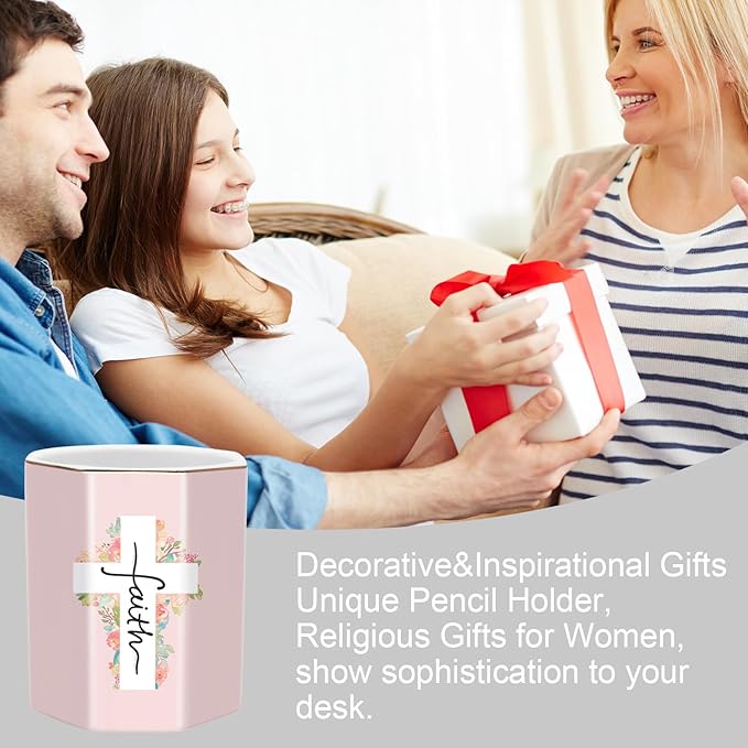 WAVEYU Pen Holder for Desk, Cute Ceramic Pencil Holder, Pen Cup Marker Holder Makeup Brush Holders, Desk Accessories & Workspace Organizers for Office, Home, Religious Style