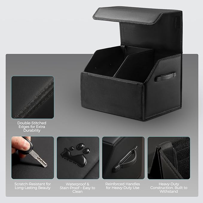 Fyzeoty Car Organizers for Trunk for SUV Sedan, Leather Storage Box, Magnetic Lid, Collapsible and Adjustable, 16.5 inches