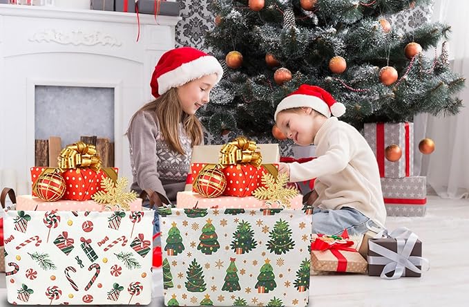 Rectangle Christmas Basket,Candy Storage Basket with Handles,Kids Gift Storage Box,Cute Canvas Organizer Bin for Pet,Books Basket,Toys Bin,Gift Baskets(Christmas Tree)
