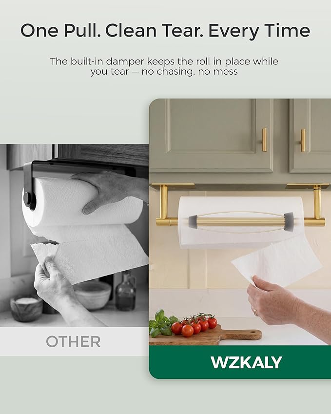 Gold Paper Towel Holder Under Cabinet, Self Adhesive or Wall Mount Hanging Paper Towel Holder with Damping Effect, Single Hand Operable, Stainless Steel for Kitchen Bathroom