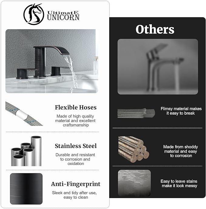 Ultimate Unicorn 8 inch Bathroom Faucet Oil Rubbed Bronze, Waterfall Bathroom Sink Faucet with Metal Pop-up Drain Stopper and 2 Supply Hoses,2 Handle Widespread Faucets for Vanity Sink 3 Holes