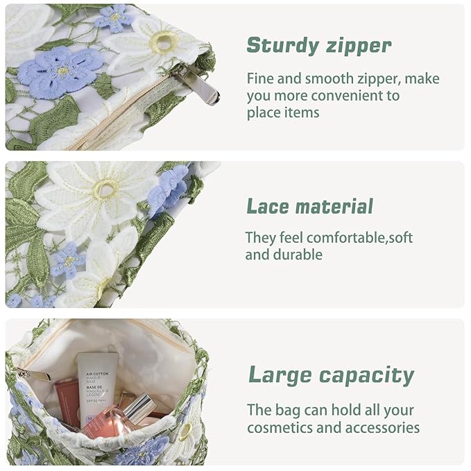 ZLFSRQ Lace Flower Makeup Bag Travel Cute Floral Cosmetic Bags for Women Large Toiletry Pouch Zipper Cosmetic Pouch for Purse Aesthetic Make up Organizer Bag Portable Toiletry Bags