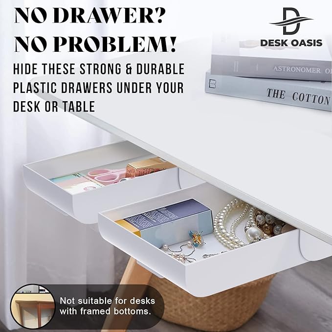 2 Pack Under Desk Drawer Organizer, Slide Out Storage for Pens, Cables & Office Accessories with Self Adhesive, No Drill Installation, Hidden Desk Storage for Office and Home