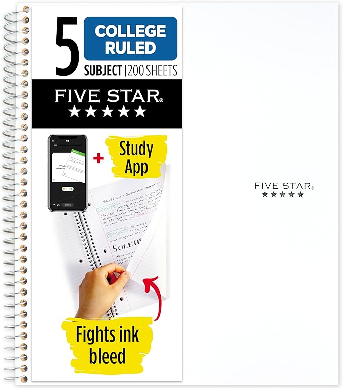 Five Star Spiral Notebook, 5 Subject, College Ruled | 8-1/2" x 11" | 200 Sheets | Water Resistant Cover | White | Pack of 6