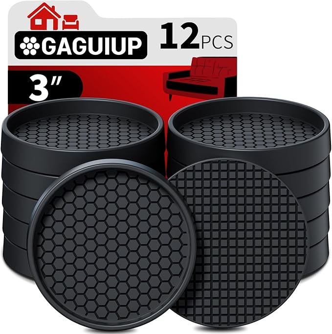 Non Slip Furniture Pads- 3"x3" Round Anti Skid Caster Cups Furniture Coasters, Anti-Sliding Grippers Floor Protectors for Furniture Bed, Couch, Chair Leg, Black(Set of 12)