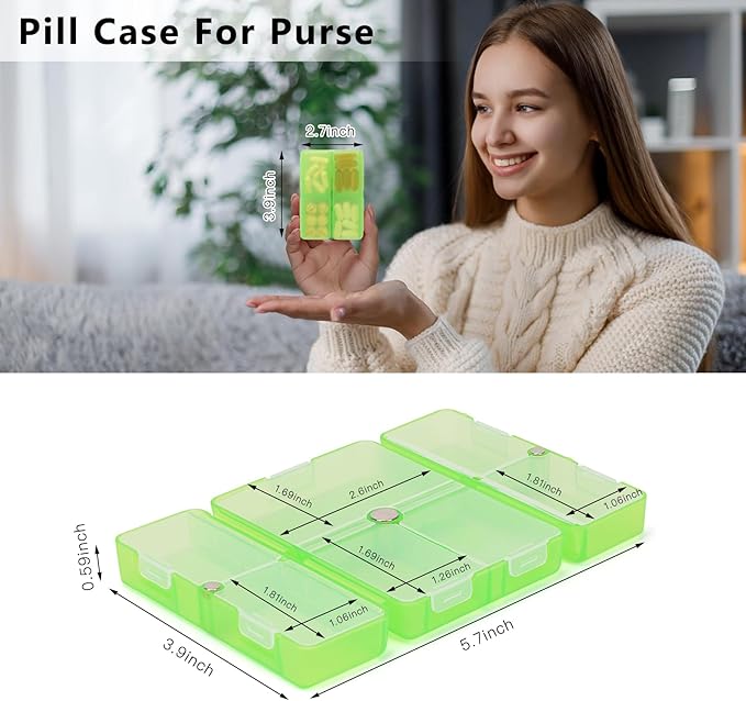 FYY Daily Pill Organizer, 7 Compartments Portable Pill Case Travel Pill Organizer,[Folding Design] Pill Box for Purse Pocket to Hold Vitamins,Cod Liver Oil,Supplements and Medication-Clear Green