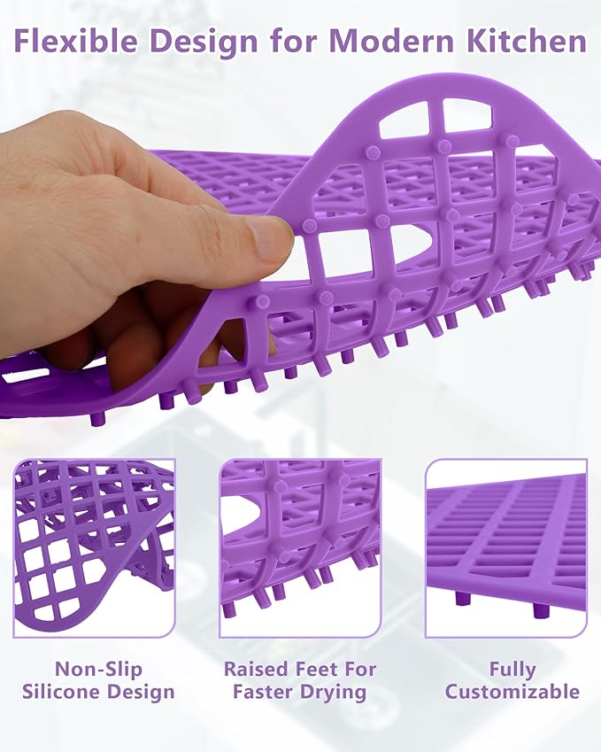 2 Pack Silicone Sink Protector for Kitchen Sink, Lozenge Pattern 13 x 11 inches Sink Grid Mat Silicone Protectors, Center Drain, Purple