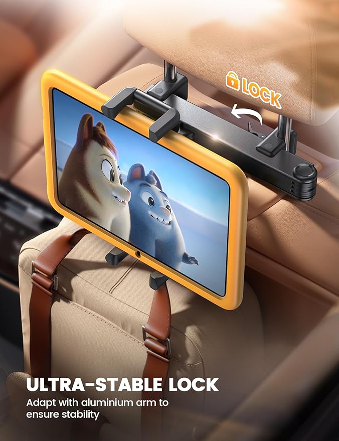 Aomiker Car Headrest iPad Holder - [Aluminium Lockable Arm] Universal Car Tablet Mount Backseat with Foldable Wide Clip, Road Trip Essentials for Kids, for iPad Pro, Air, Mini, Galaxy, 6.1-13” Device