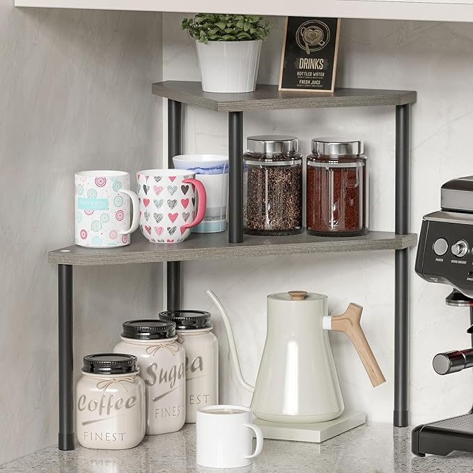 Weenson Bathroom Counter Organizer Over Sink Organizer for Toiletries, Makeup, Kitchen Countertop Organizer Spice Rack for Salt, 2-Tier Corner Counter Shelf for Coffee Area Storage(Rustic Grey)