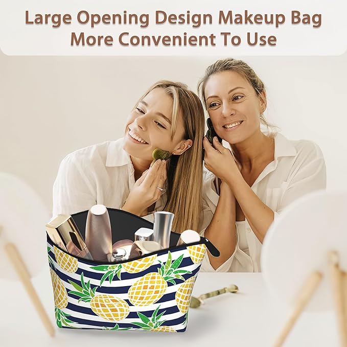 Cartoon Pineapple Cosmetic Bag Blue White Stripes Makeup Bags,Travel Make up Bags for Women Girls Cute Zipper Pouch Toiletry Organizer Bag Travel Essentials