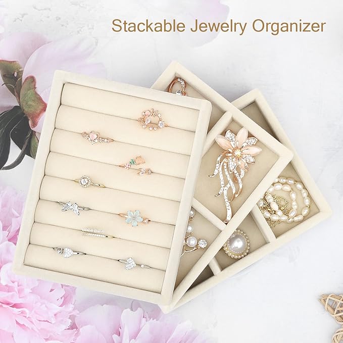 DesignSter Small Jewelry Tray-Ring Organizer 2PCS Premium Velvet Rings Earrings Display Tray Storage Insert Holder for Jewelry Box, Drawer, Dresser (8 Slots, Beige)