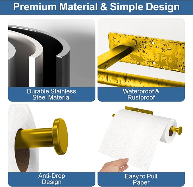 CUXIXA Paper Towel Holder Under Cabinet, Upgraded Adhesive Paper Towel Holder Wall Mount for Kitchen, Bathroom, RV, Bend-Resistant, Self-Adhesive or Drill Mounting, Stainless Steel, Gold