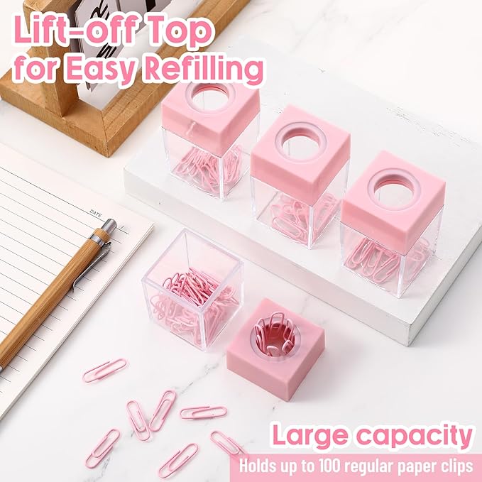 Outus 4 Pieces Magnetic Paper Clip Dispenser Holder Paperclip Dispenser for Desk, School, Office(Pink)