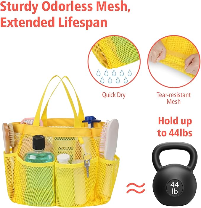 F-color Mesh Shower Caddy Portable, Upgraded Deeper 7-Pocket Shower Bag Basket Tote for College Dorm Room Toiletry Bathroom Essentials Gym Camp Quick Dry with 2 Handles and S Hook, Yellow