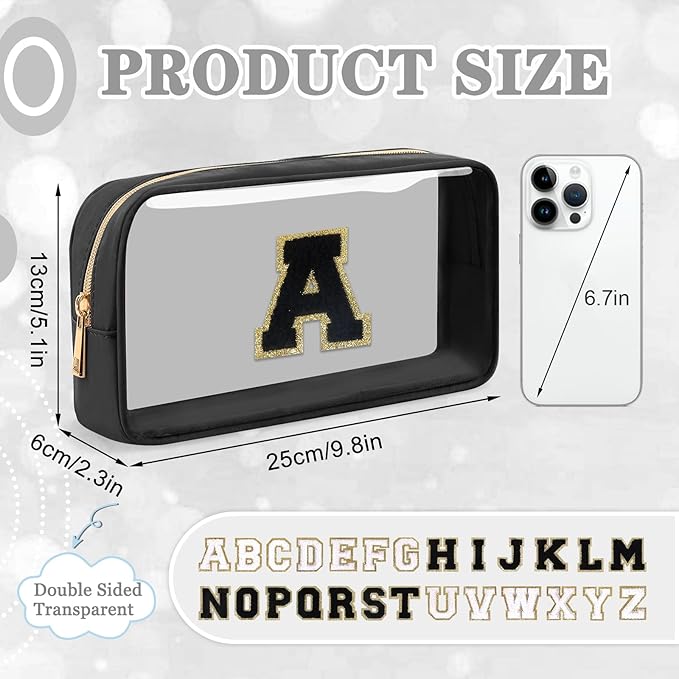 Small Clear Personalized Initial Makeup Bag,Nylon Preppy A-Z Chenille Letter Patch Cosmetic Pouch Beach Toiletry Bag,Waterproof Zipper Travel Purse Storage Bag Organizer for Women Girls(Black-Black A)