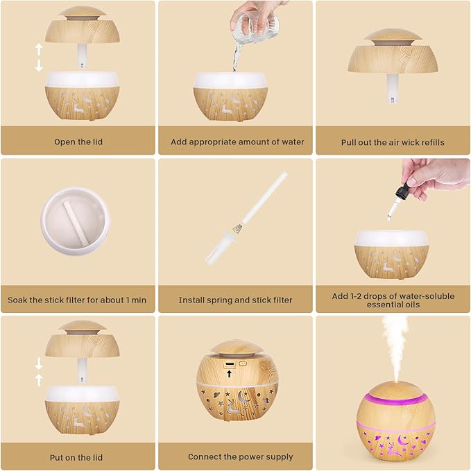 200ml Essential Oil Diffuser, Small Humidifiers for Bedroom with USB Charging, LED Lights, 2 Filter Sticks, Portable Wood Grain Quiet Aromatherapy Mist Diffusers, Gift for Girls
