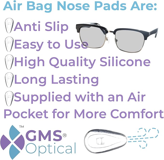 GMS Optical Comfort Line - 7mm Regular Wide/11mm Small Length - Air Bag Screw-in Soft Silicone Nose Pads for Glasses, Sunglasses, Glasses Repair Kit with Screws, Keep Glasses from Sliding (10 Pair)