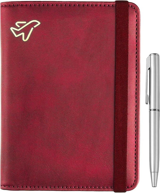 WALNEW Passport Holder for Travel, RFID Passport Cover Wallet for Women Men, PU Leather Passport Book Card Holder Case with Pen (Elastic Band Closure, C-Red)