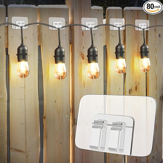 80Pcs Hooks for Outdoor String Lights Clips: Heavy Duty Cable Clips with Waterproof Adhesive Strips for Hanging Christmas Light - Outside UV-Resistant Clear Sticky Cord Holders Rope Organizer