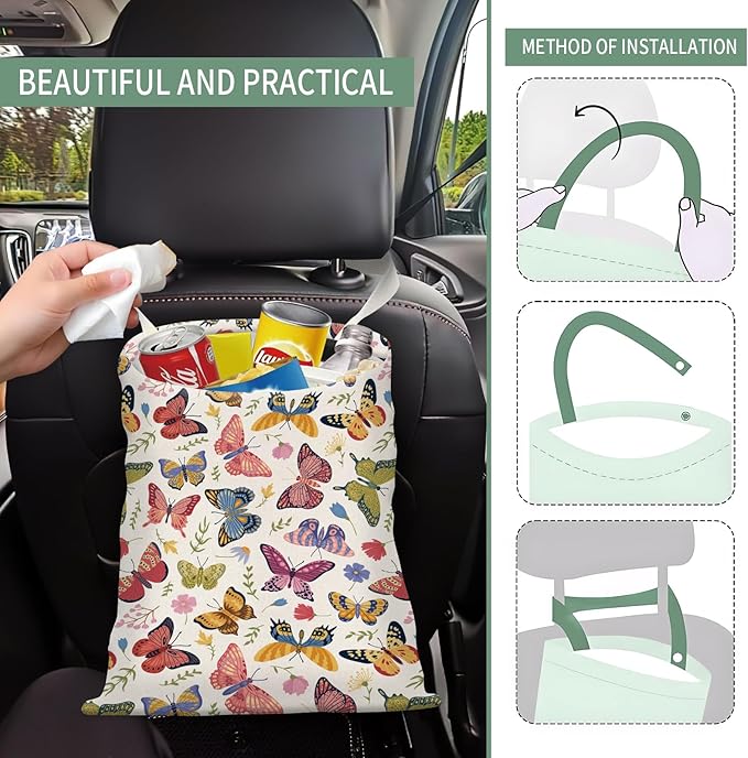 Cute Car Trash Can, Hanging Canvas Car Back Seat Organizer and Storage Bag, Funny Car Trash Bag for Travelling, Outdoor Cute Colorful Butterfly