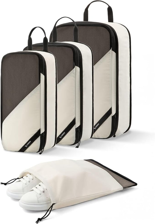 LUGGEX 4 Set Compression Packing Cubes for Travel, POX01 Luggage Organizers Bags, Suitcase Organizer with Shoe Bag Travel Accessories Essentials for Carry on & Checked (POX-Core, Beige)