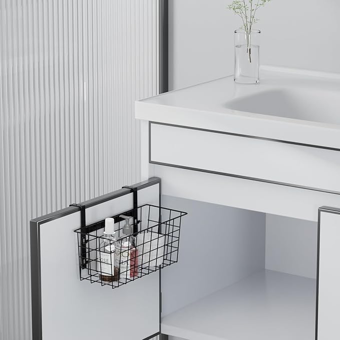 MaraFansie Basket with Hook, Grid Storage Basket, Over the Cabinet Door Organizer, Wire Hanging Basket with Hook Over the Railing, Under Sink Kitchen Cabinet, Pantry, Bathroom, Black, 2 Pack