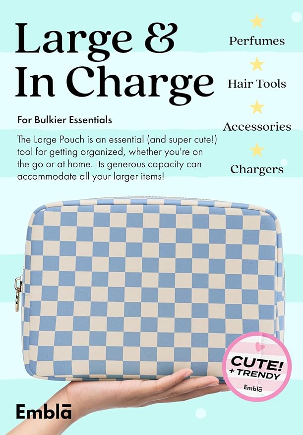 Embla Makeup Bag Travel Cosmetics Pouch and Toiletry Bag, Nylon Zipper Pouch Purse, Cute Make Up Organizer Storage Tote for Women Girls,Travel Skincare Case, Large Makeup Case, Sky Checkered