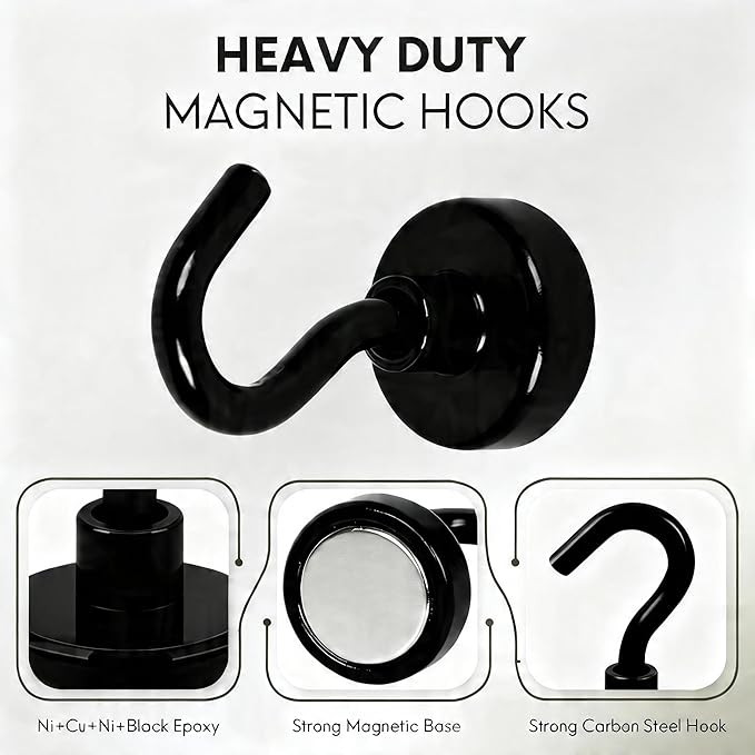 Neosmuk Magnetic Hooks, Heavy Duty 30lb+ Strong Magnet Hook for Cruise Cabins, Cruise Ship Essentials for Hanging, Metal Wall Refrigerator Hangers (Black, 12 Pack)