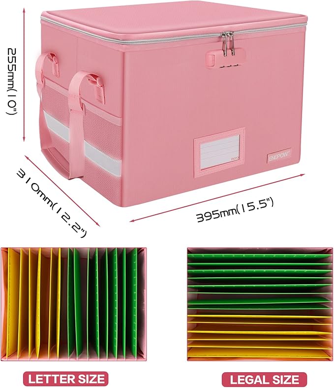 ENGPOW File Box with Lock, Fireproof Document Box with Zipper & Pockets, Collapsible File Organizer Filing Storage Cabinet with Handle, Portable Home Office Safe for Hanging Letter/Legal Folder, Pink