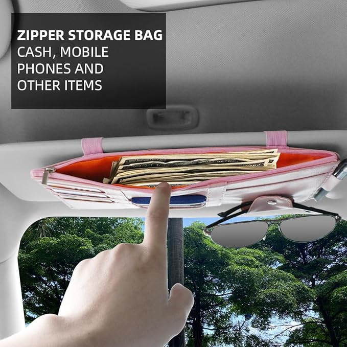 Car Sun Visor Organizer, Registration and Document Holder, Personal Belonging Storage Pouch Auto Interior Accessories Pocket Organizer (Pink)