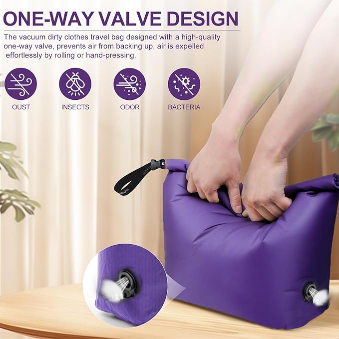 Travel Laundry Bag, Vacuum Compression Dirty Clothes Travel Bag Waterproof Wet Dry Bags Large Capacity Space Saver Bags Reusable Camp Clothes Organizer for Sports Dorm Laundromat (1 Pcs) (Purple, L）