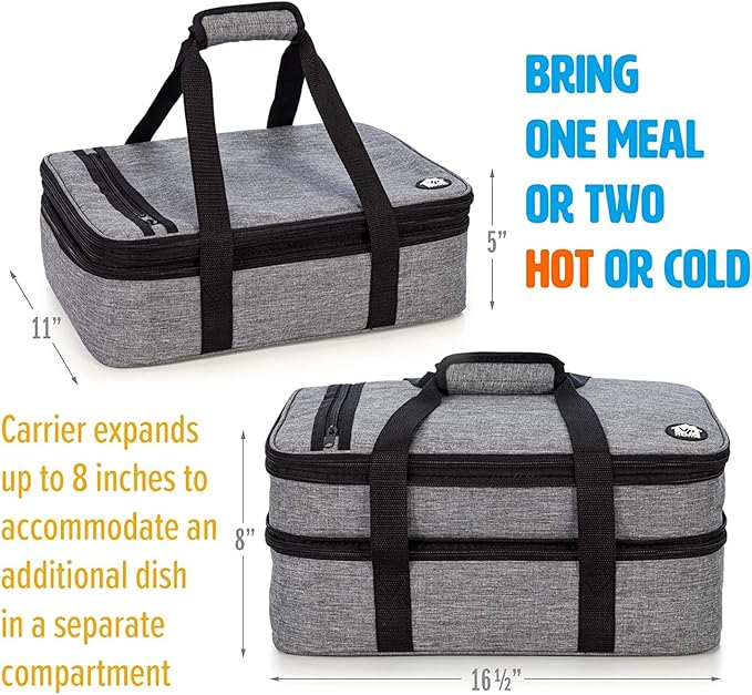 VP Home Large Casserole Carrier - Double Compartment Insulated Bag for Hot or Cold Food - Cupcake Carrier - Insulated Tote Bag with Lid for Travel Parties or Food Transport Containers - Heather Gray